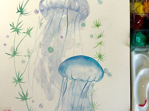 水彩插画 水母 大海