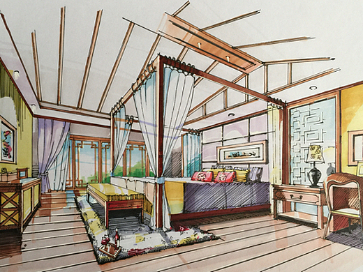 环艺室内设计卧室手绘效果图