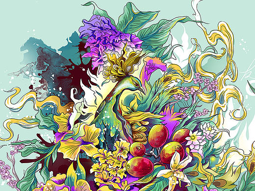 孔雀，鹿，插画