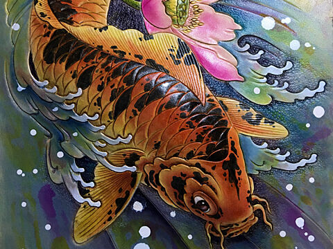 皮雕画—-斑纹锦鲤