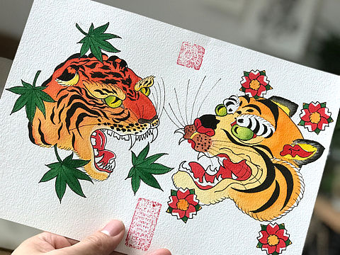 日式风格纹身手稿《楓の虎》与《桜の虎》。