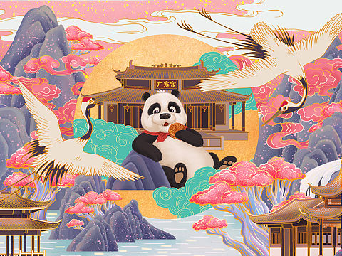 阿福熊×陈周周 中秋月饼礼盒包装插画