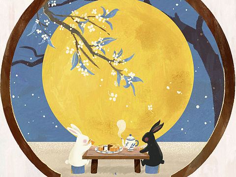 中秋节插画——小玉兔下凡