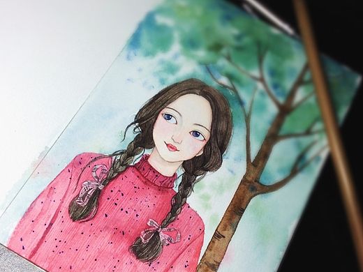 红毛衣 女孩 水彩过程