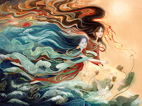 手绘「帝二女之娥皇女英」