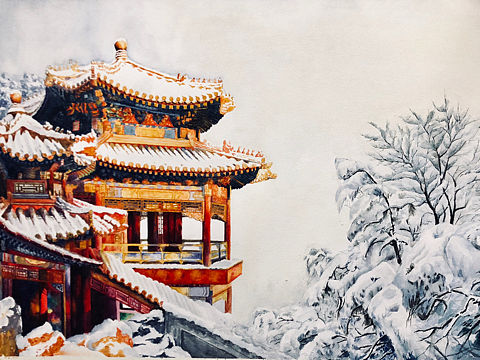 红墙白雪- 水彩