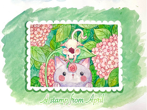 不透明水彩插画 — 四月的邮票