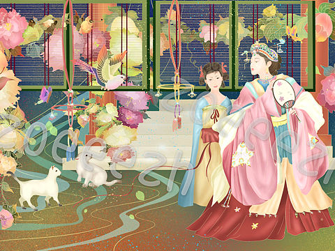 zoeeezh中式复古传统风格微水墨国画晕染商业插画