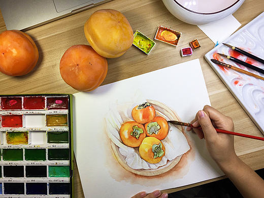 水彩手绘-霜降吃柿子