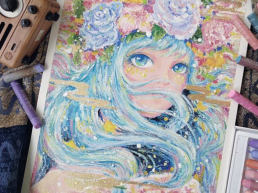 天奇油画棒少女插画