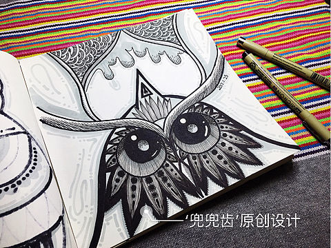 缠绕画，黑白装饰画，民族风，线描，插画，猫头鹰，