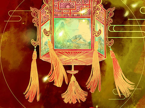 国潮山水灯笼的插画作品