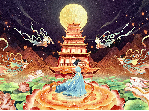 飞天赴月·中秋节月饼礼盒包装插画