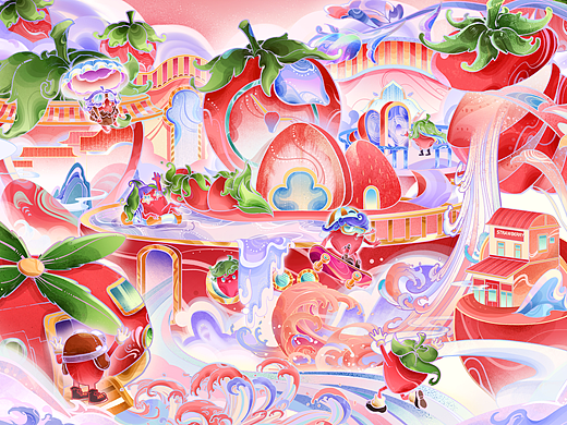 水果包装插画-草莓梦工厂
