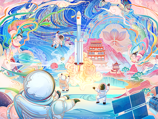 国风插画 【把航天画进敦煌的元素里】