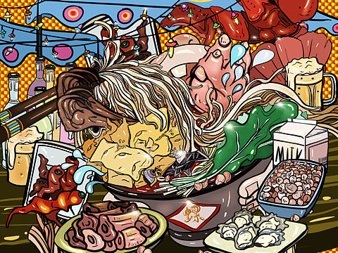 zoeeezh螺蛳粉速食食品淘宝网店复古插画插图设计