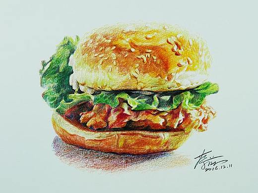 彩铅画：汉堡包