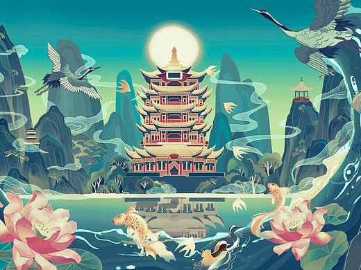 城市插画，武汉黄鹤楼