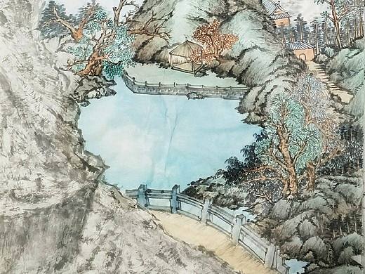 四尺山水国画创作《碧山秋水》