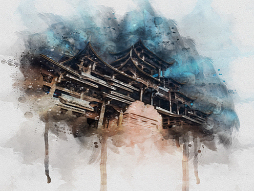 濯水风雨廊桥水彩插画-艺术插画93021年前大美中国平面-海报43001年前