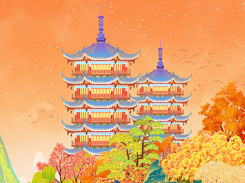 【桂林印象】日月双塔周边插画