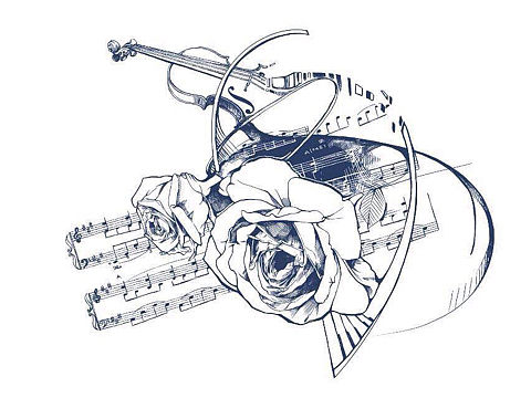 玫瑰、小提琴与乐符。