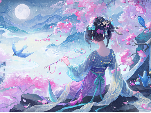 古风插画《旧词·春江花月夜》