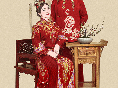 手绘中式婚礼插画