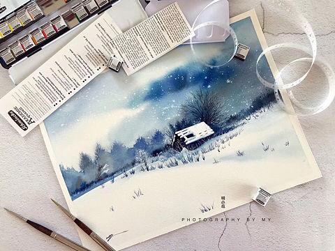 小花的水彩～雪中小屋～