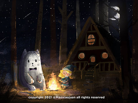 小卷和大貓系列·夜（個人主頁-ZNTI3OTc2ODg=） - 兒童插畫 - 站酷設計師毛小卷兒原創(chuàng)素材 - 站酷ZCOOL