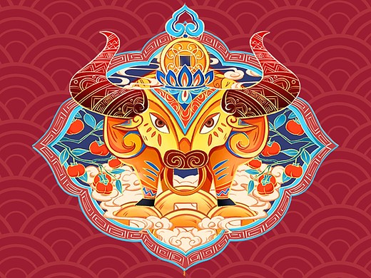 国风生肖图腾插画——《金牛站钱坤,牛柿莲年红》