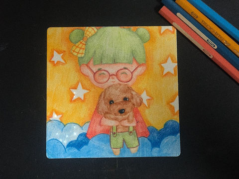彩铅手绘插画-祥宝日记:一起去云朵上玩耍吧