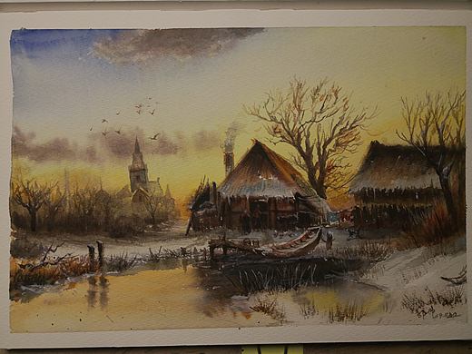 水彩风景画—夕阳下的乡村雪景