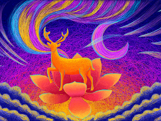 线圈插画——鹿和极光