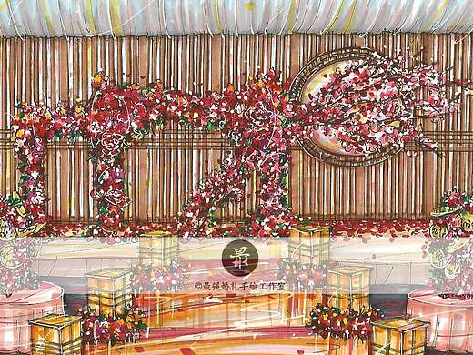 【婚礼手绘】中式马克笔纸面手绘效果图