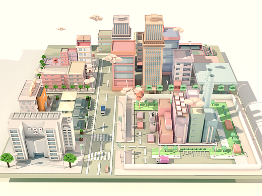 c4d low poly风格 小镇
