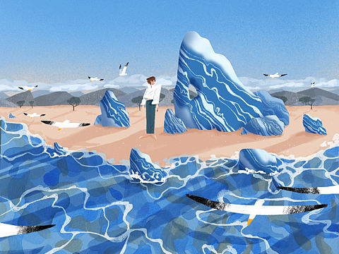 夏日海边穿白衬衫的少年-主题插画海报