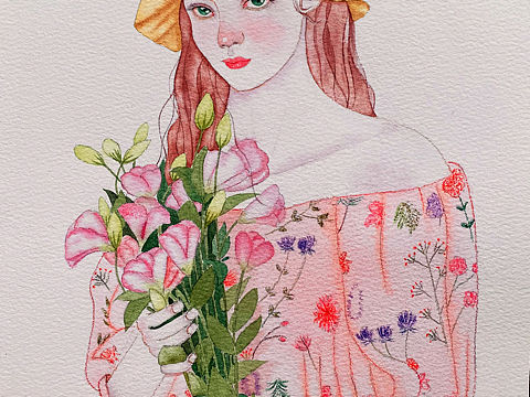 怀抱洋桔梗的妹纸