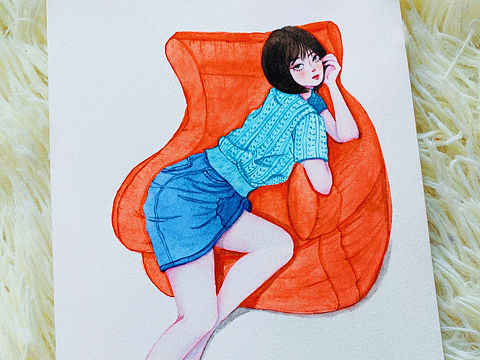 水彩人物绘画-慵懒少女-网红沙发摆拍