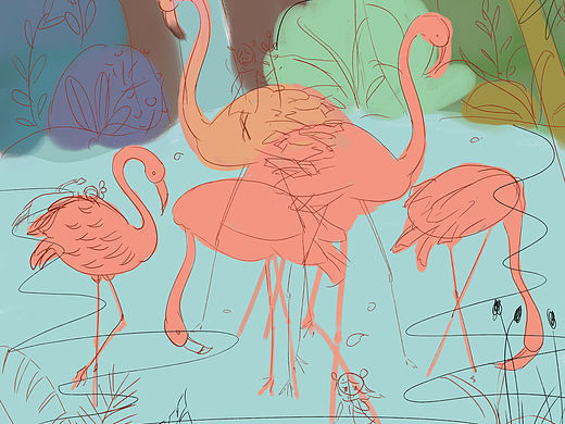 原创板绘小清新风格插画 火烈鸟女孩
