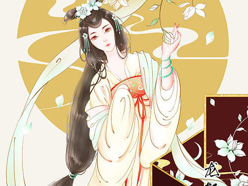 唯美古风美人插画——花月美人系列之栀子