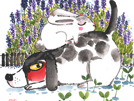萌趣水墨画：牛-公鸡-狗-鹅-蝈蝈-兔子-猫-青蛙-马-鸟