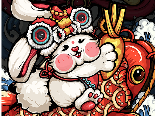 兔年兔子国潮插画锦鲤———喜庆中国风