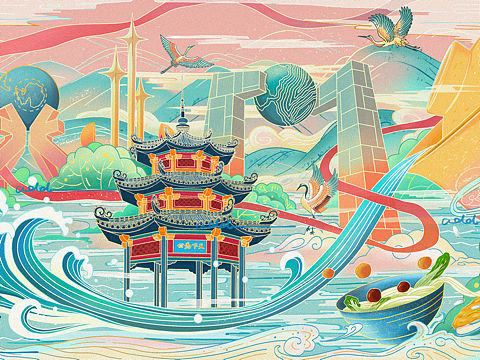 潮汕汕头创文主题国风插画