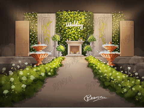 白绿色婚礼场景