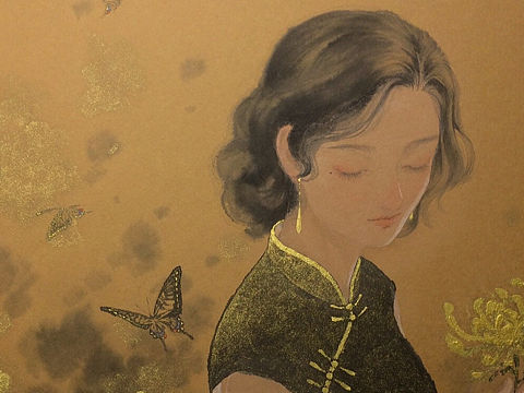 早期新国画｜《默菊》手绘古风国风水墨画工笔艺术插画
