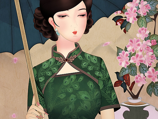 瓶花打伞唯美古风旗袍美人