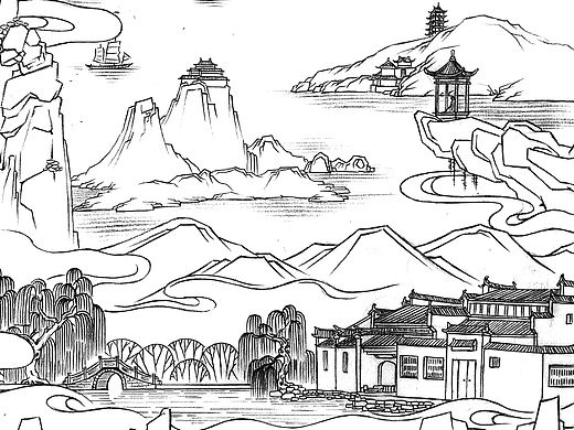 长卷的一幅类似于白描的画