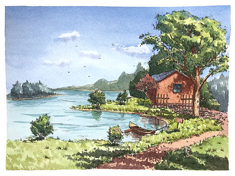 钢笔淡彩风景