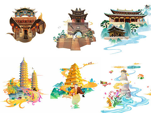 古刹佛塔——景区矿泉水包装插画设计